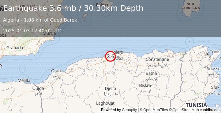 Earthquake NORTHERN ALGERIA (3.6 mb) (2025-01-03 12:40:02 UTC)