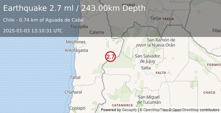 Earthquake ANTOFAGASTA, CHILE (2.7 ml) (2025-01-03 13:10:31 UTC)