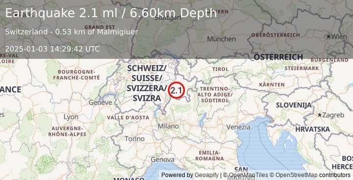 Earthquake SWITZERLAND (2.1 ml) (2025-01-03 14:29:42 UTC)