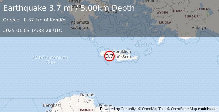 Earthquake CRETE, GREECE (3.5 ml) (2025-01-03 14:33:27 UTC)