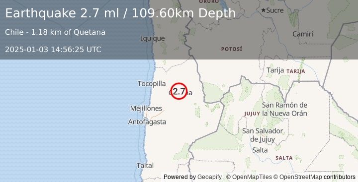 Earthquake ANTOFAGASTA, CHILE (2.7 ml) (2025-01-03 14:56:25 UTC)