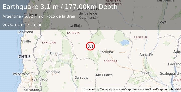 Earthquake CORDOBA, ARGENTINA (3.1 m) (2025-01-03 15:10:30 UTC)