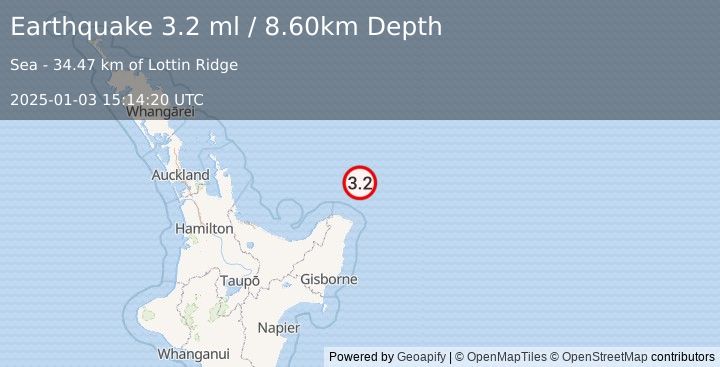 Earthquake OFF E. COAST OF N. ISLAND, N.Z. (3.2 ml) (2025-01-03 15:14:20 UTC)