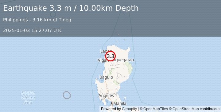 Earthquake LUZON, PHILIPPINES (3.3 m) (2025-01-03 15:27:07 UTC)