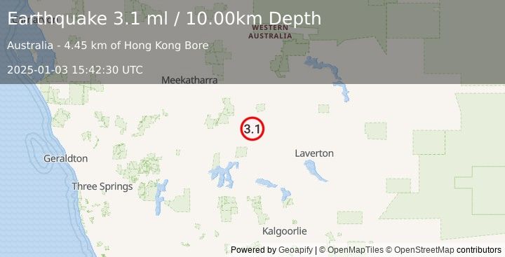 Earthquake WESTERN AUSTRALIA (3.1 ml) (2025-01-03 15:42:30 UTC)