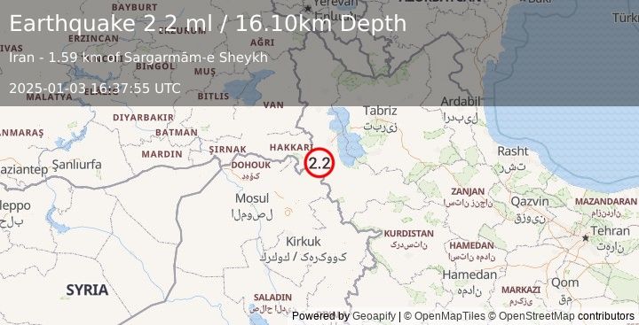 Earthquake TURKEY-IRAN-IRAQ BORDER REGION (2.2 ml) (2025-01-03 16:37:55 UTC)