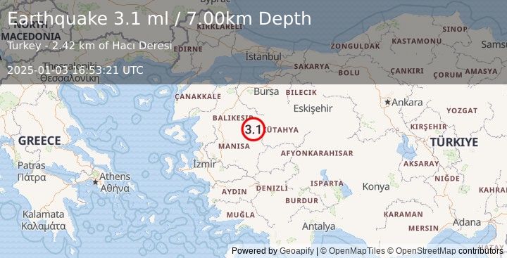 Earthquake WESTERN TURKEY (3.1 ml) (2025-01-03 16:53:21 UTC)