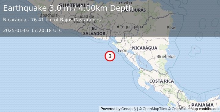 Earthquake NEAR COAST OF NICARAGUA (3.0 m) (2025-01-03 17:20:18 UTC)