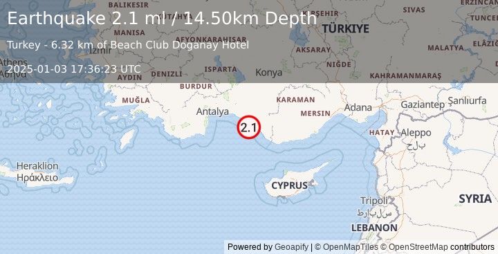 Earthquake WESTERN TURKEY (2.1 ml) (2025-01-03 17:36:23 UTC)