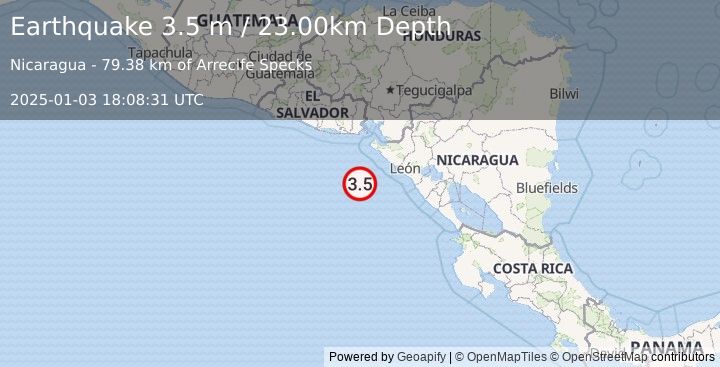 Earthquake NEAR COAST OF NICARAGUA (3.5 m) (2025-01-03 18:08:31 UTC)