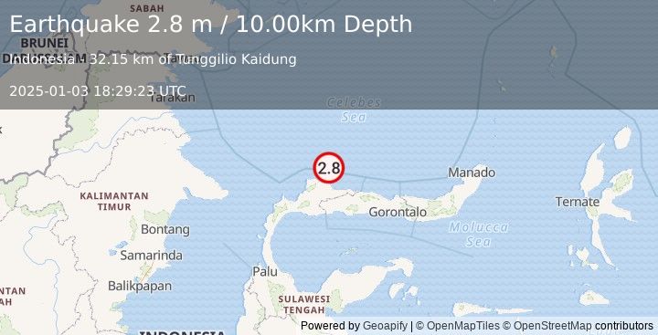 Earthquake MINAHASA, SULAWESI, INDONESIA (2.8 m) (2025-01-03 18:29:23 UTC)