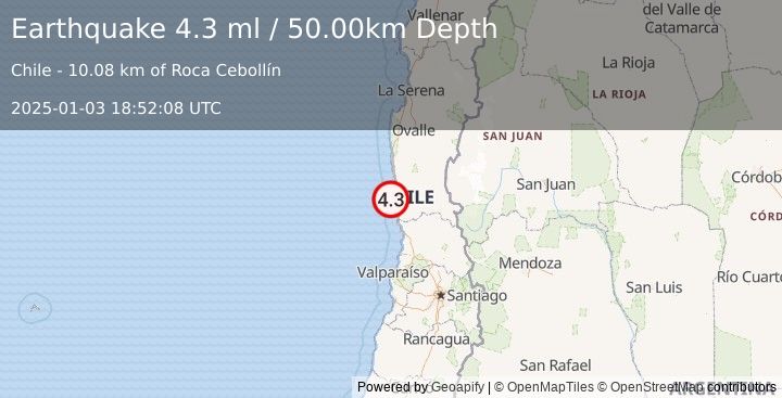 Earthquake COQUIMBO, CHILE (4.2 ml) (2025-01-03 18:52:09 UTC)