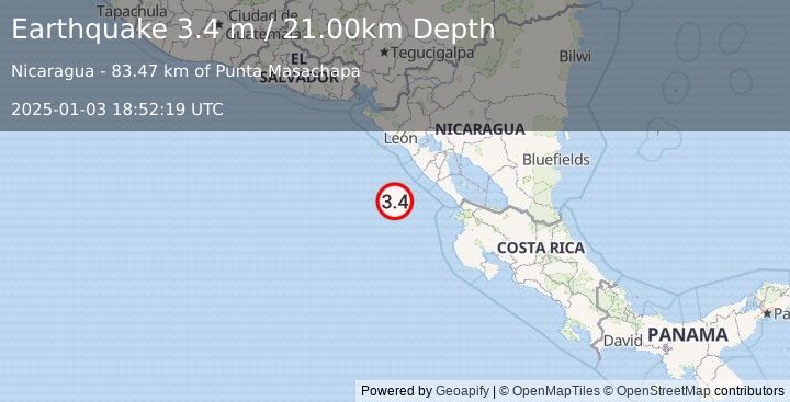 Earthquake NEAR COAST OF NICARAGUA (3.4 m) (2025-01-03 18:52:19 UTC)