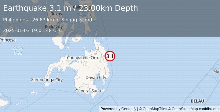 Earthquake MINDANAO, PHILIPPINES (3.1 m) (2025-01-03 19:01:48 UTC)