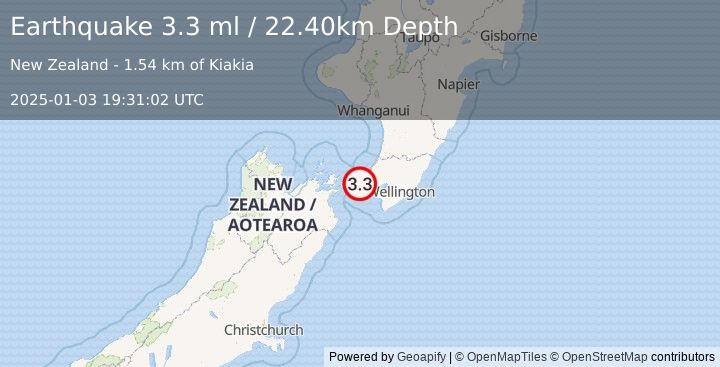 Earthquake COOK STRAIT, NEW ZEALAND (3.3 ml) (2025-01-03 19:31:02 UTC)