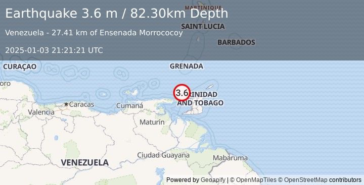 Earthquake OFFSHORE SUCRE, VENEZUELA (3.6 m) (2025-01-03 21:21:21 UTC)