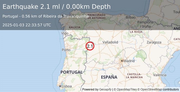 Earthquake PORTUGAL (2.1 ml) (2025-01-03 22:33:57 UTC)