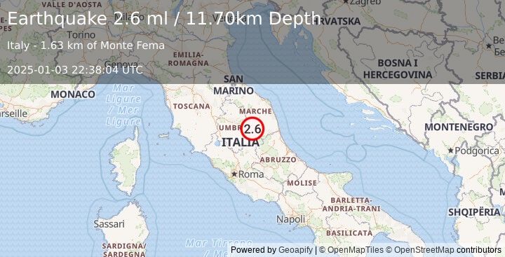 Earthquake CENTRAL ITALY (2.6 ml) (2025-01-03 22:38:04 UTC)