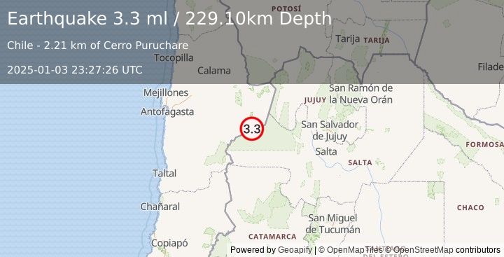 Earthquake ANTOFAGASTA, CHILE (3.3 ml) (2025-01-03 23:27:26 UTC)