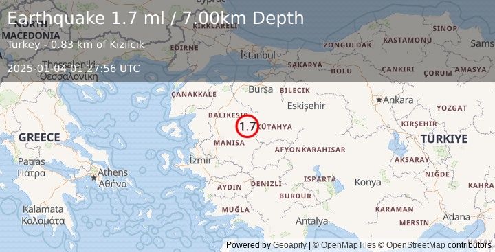 Earthquake WESTERN TURKEY (1.7 ml) (2025-01-04 01:27:56 UTC)