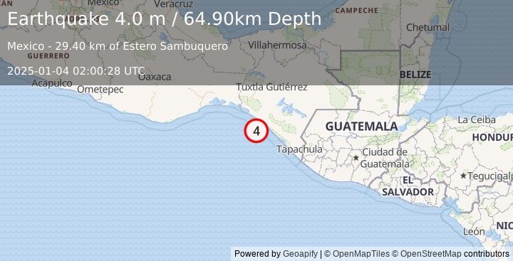 Earthquake OFFSHORE CHIAPAS, MEXICO (4.0 m) (2025-01-04 02:00:28 UTC)