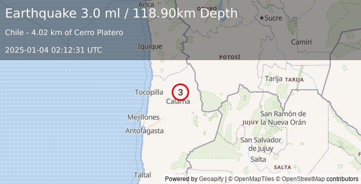 Earthquake ANTOFAGASTA, CHILE (3.0 ml) (2025-01-04 02:12:31 UTC)