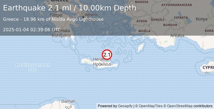 Earthquake CRETE, GREECE (2.1 ml) (2025-01-04 02:39:06 UTC)