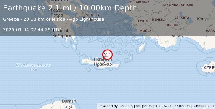 Earthquake CRETE, GREECE (2.1 ml) (2025-01-04 02:44:29 UTC)