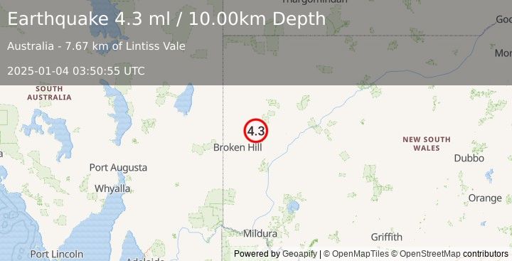 Earthquake NEW SOUTH WALES, AUSTRALIA (4.3 ml) (2025-01-04 03:50:55 UTC)