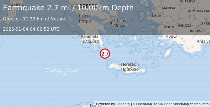 Earthquake SOUTHERN GREECE (2.7 ml) (2025-01-04 04:06:51 UTC)