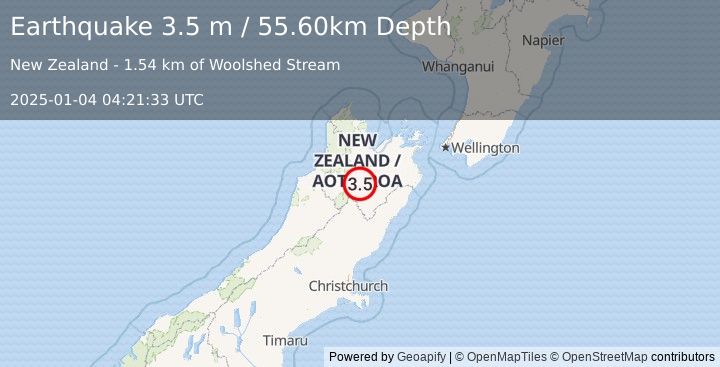 Earthquake SOUTH ISLAND OF NEW ZEALAND (3.5 m) (2025-01-04 04:21:33 UTC)