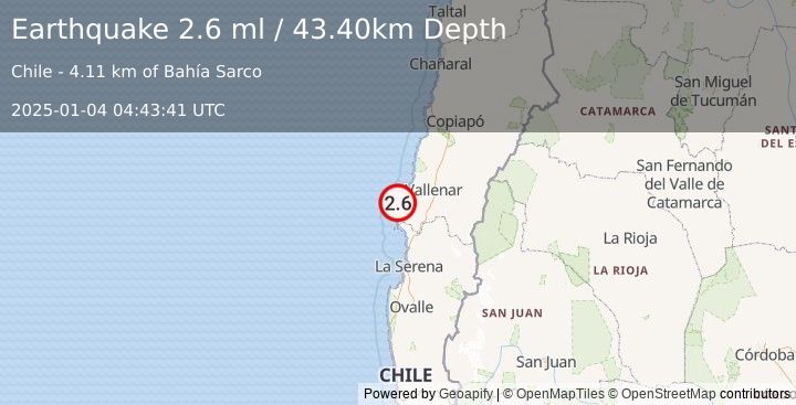 Earthquake OFFSHORE ATACAMA, CHILE (2.6 ml) (2025-01-04 04:43:41 UTC)