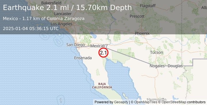 Earthquake BAJA CALIFORNIA, MEXICO (2.1 ml) (2025-01-04 05:36:15 UTC)