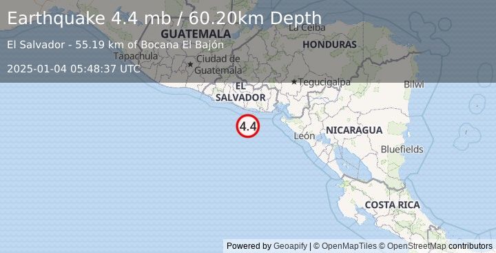 Earthquake OFFSHORE EL SALVADOR (4.4 mb) (2025-01-04 05:48:37 UTC)