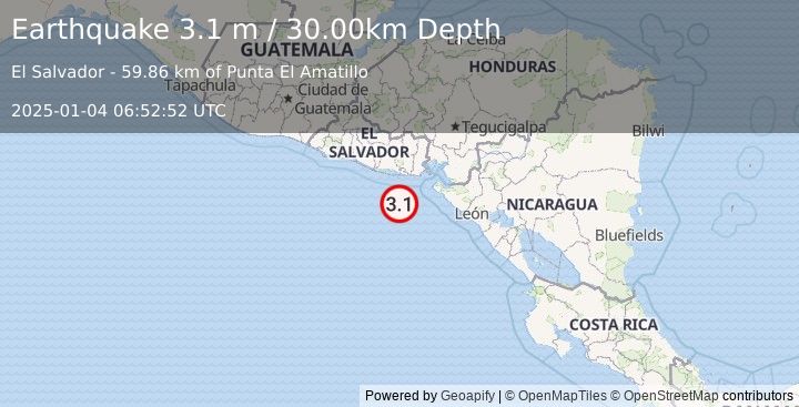 Earthquake OFFSHORE EL SALVADOR (3.1 m) (2025-01-04 06:52:52 UTC)