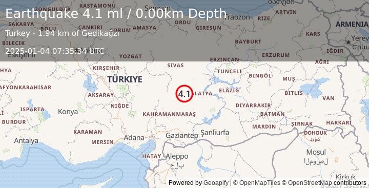 Earthquake CENTRAL TURKEY (4.0 ml) (2025-01-04 07:35:33 UTC)