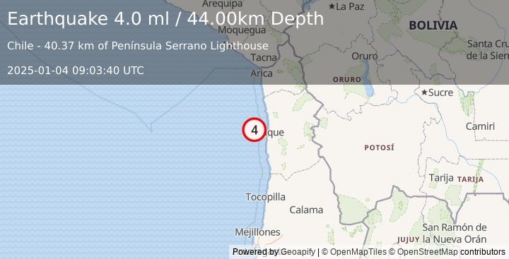 Earthquake OFFSHORE TARAPACA, CHILE (3.9 ml) (2025-01-04 09:03:41 UTC)