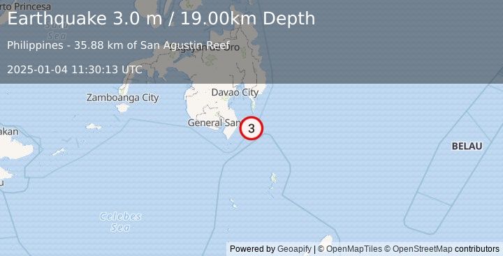 Earthquake MINDANAO, PHILIPPINES (3.0 m) (2025-01-04 11:30:13 UTC)