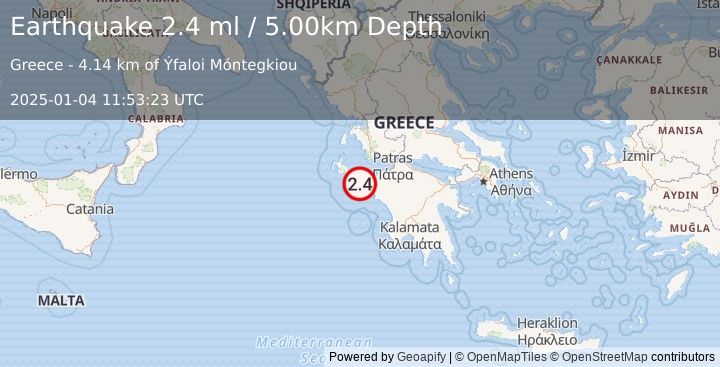 Earthquake SOUTHERN GREECE (2.4 ml) (2025-01-04 11:53:23 UTC)