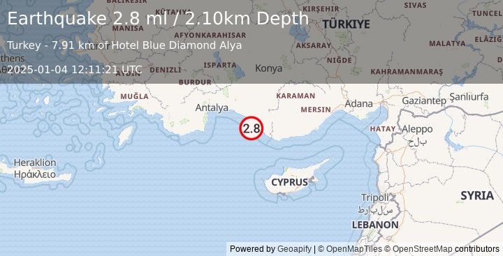 Earthquake WESTERN TURKEY (2.8 ml) (2025-01-04 12:11:21 UTC)