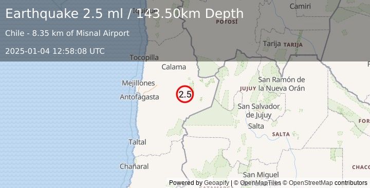 Earthquake ANTOFAGASTA, CHILE (2.5 ml) (2025-01-04 12:58:08 UTC)