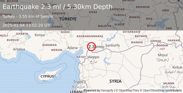 Earthquake CENTRAL TURKEY (2.3 ml) (2025-01-04 13:02:20 UTC)