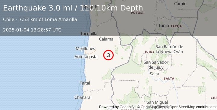 Earthquake ANTOFAGASTA, CHILE (3.0 ml) (2025-01-04 13:28:57 UTC)