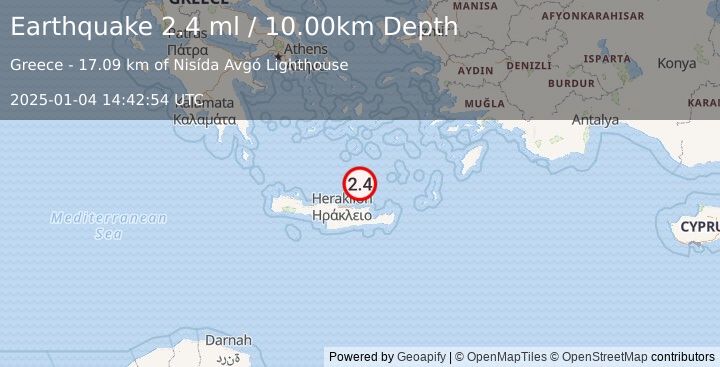 Earthquake CRETE, GREECE (2.4 ml) (2025-01-04 14:42:54 UTC)