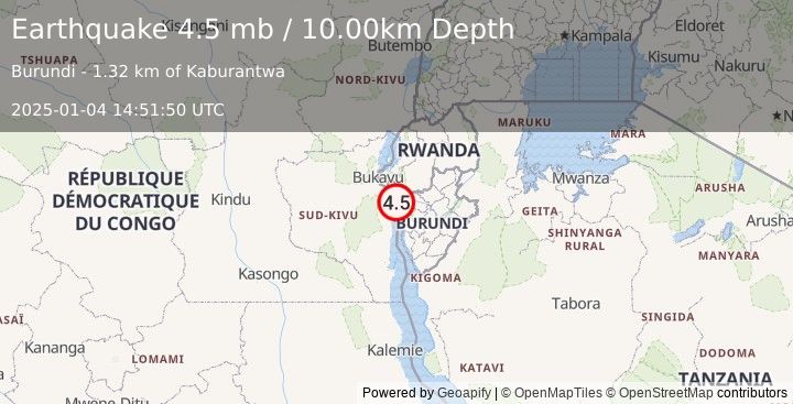 Earthquake BURUNDI (4.5 mb) (2025-01-04 14:51:50 UTC)