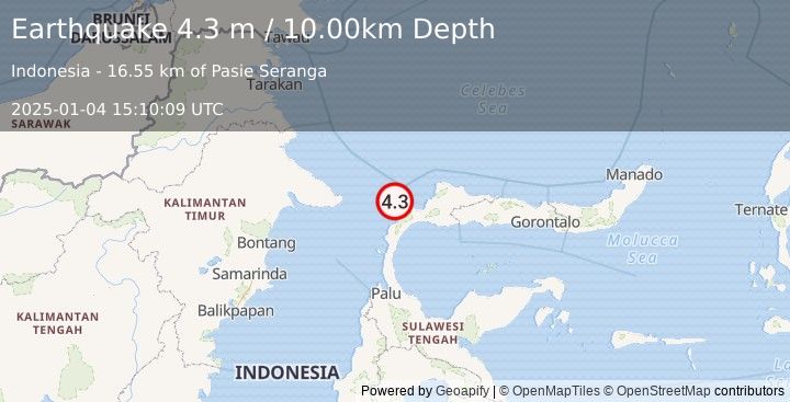 Earthquake MINAHASA, SULAWESI, INDONESIA (4.3 m) (2025-01-04 15:10:09 UTC)