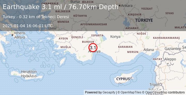 Earthquake WESTERN TURKEY (3.1 ml) (2025-01-04 16:06:01 UTC)