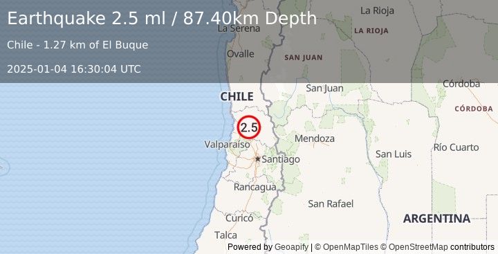 Earthquake VALPARAISO, CHILE (2.5 ml) (2025-01-04 16:30:04 UTC)