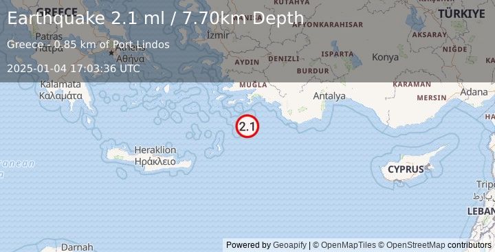 Earthquake DODECANESE IS.-TURKEY BORDER REG (2.1 ml) (2025-01-04 17:03:36 UTC)