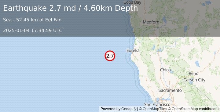 Earthquake OFF COAST OF NORTHERN CALIFORNIA (2.7 md) (2025-01-04 17:34:59 UTC)